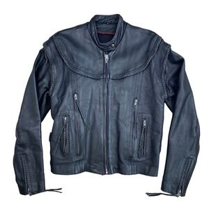 Jamin Leather Motorcycle Jacket Womens  Size L Black Braided Full Zip Off Biker